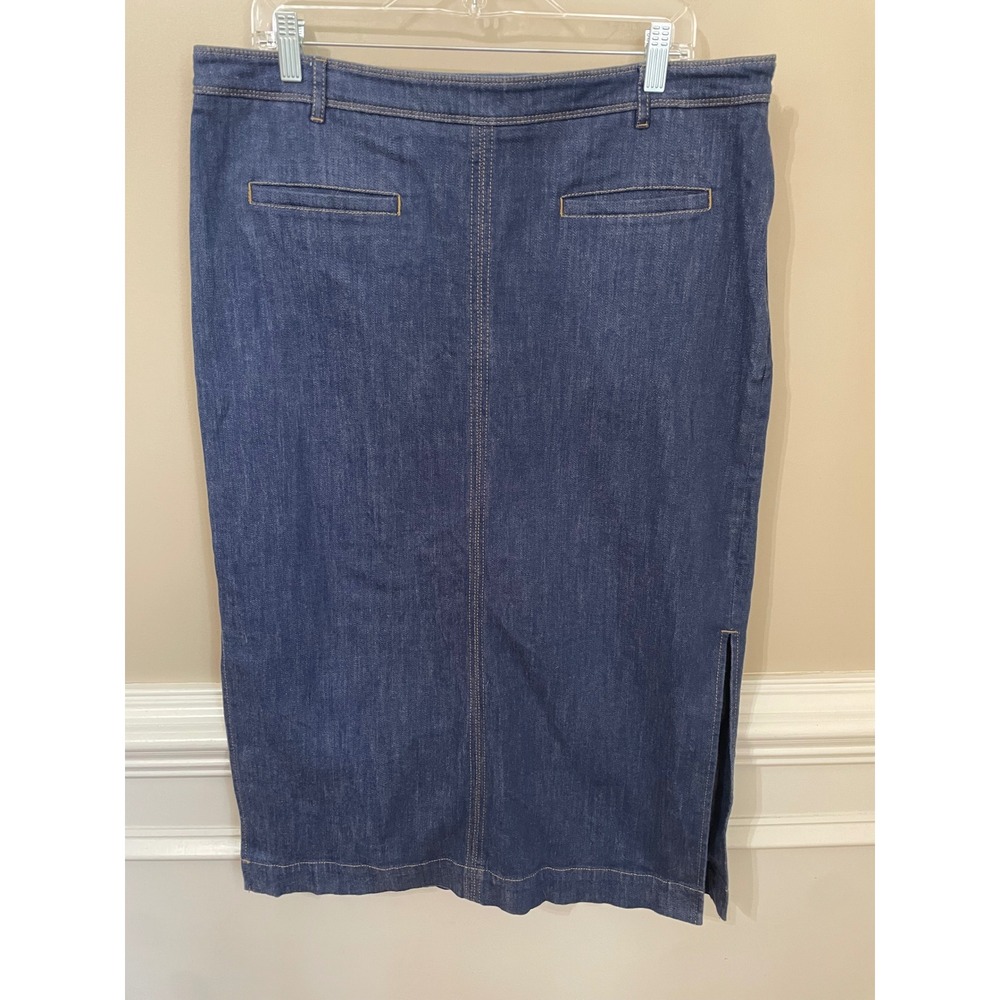 Talbots Women 16 Dark Wash Denim Midi Pencil Skirt Side Slit Stretch Fall